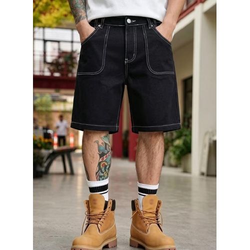 Fashion Contrast Stitch Lansly Denim Short -Dark Black