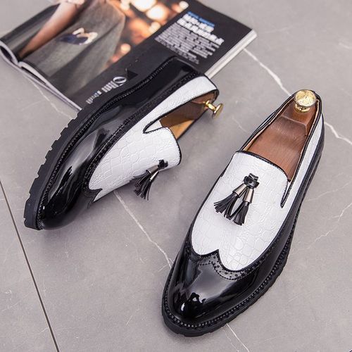 Fashion Big Size Men Glossy Tassel Brogue Leather Shoes-black White ...