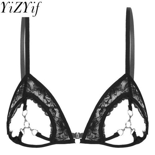 Generic Womens Lingerie Erotic Bras Open Cup See Through Sheer Lace Bra  Brassiere With Metal Rings Linked At Bust Bralette Underwear
