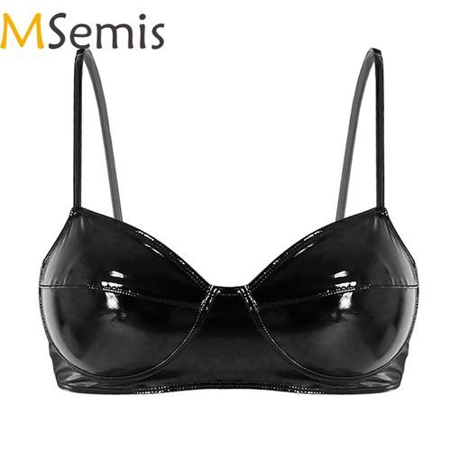 Generic MSemis Black Womens Lingerie Fashion Wetlook Faux Leather Bra Sexy  Wire_free No Pad Bra For Women For Raves Dances Clubwear(#Red)