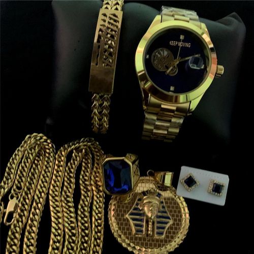 product_image_name-Keep Moving-Men's Classy Non Fading Gold Wristwatch/Necklace/Hand Chain/Ring/Stud-1