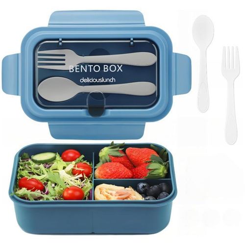 Generic 3-Tier Compartmentalized Bento Box – Lunch Box (1200ml) – Includes Cutlery, Leak-Proof, Microwave-Safe – Blue