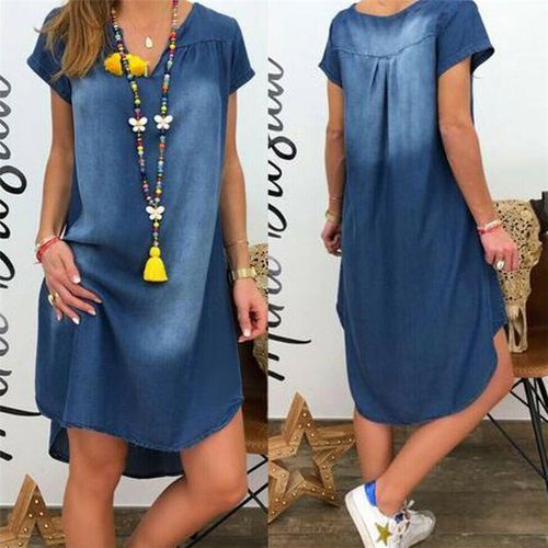 Fashion (grey Short Dress)Summer Denim Dress For Women Casual Spring Blue  V-Neck Half Sleeve Maxi Dresses Plus Size Split Long Dresses Vestidos 5XL  MAA