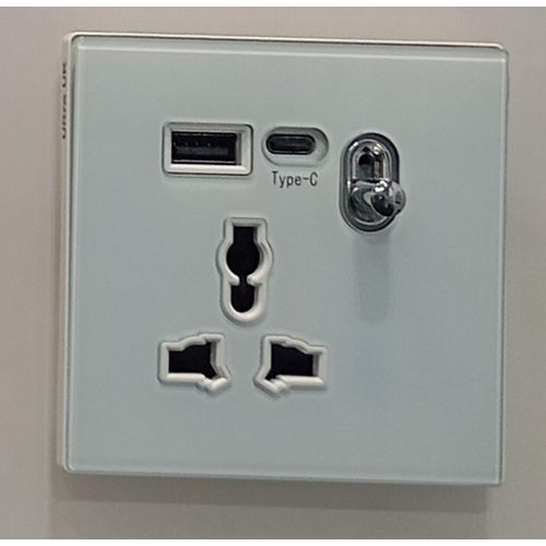 Generic Universal Power Wall Socket with USB-A & Type-C Ports, Toggle Switch, and White Tempered Glass Panel
