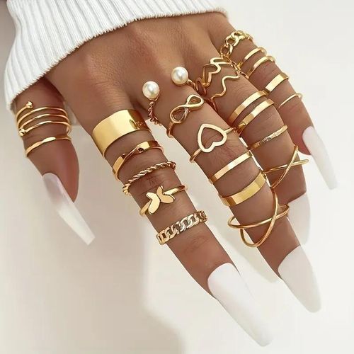 product_image_name-Fashion-22pcs Retro Versatile Smooth Imitation Pearl Multi-Layered Women's Metal Stacking Ring Set, Suitable for Daily Wear and Festive Gifting, Trendy Jewelry for Year-Round Styling-1