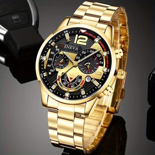 product_image_name-Fashion-A Set Of 4 Pieces Including A Men's Business Casual Calendar Watch, A Golden Cross Necklace, A Bracelet, And A Ring. Stainless Steel Quartz Watch Is The Best Gift For Men.-2