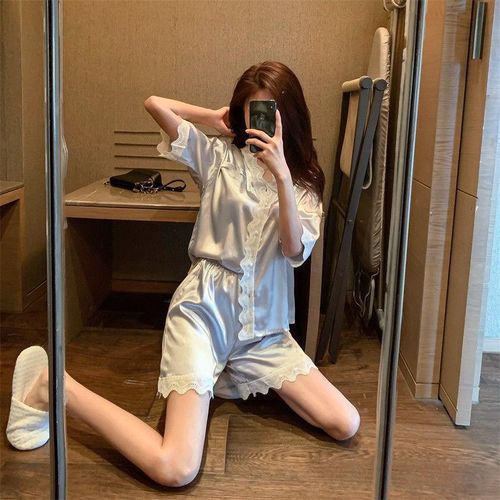 Shop Generic Ice Silk Twinset Korean Solid Color Women Pajamas Camisole  Pajama Set Woman Summer VShorts Suit Online