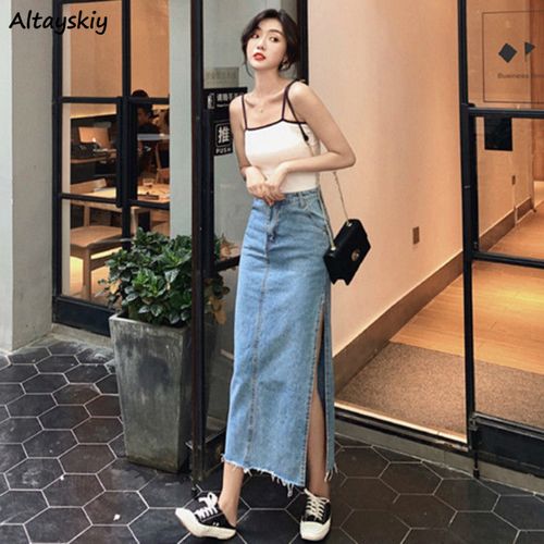 Fashion Skirts Women A-Line Solid Slim Side Slit Long High Waist Denim Skirt  Plus Skirt