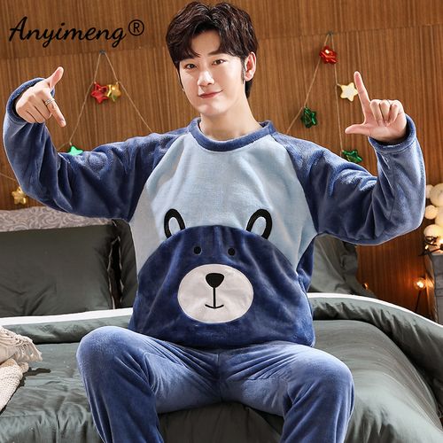 Men Warm Sleepwear Nightwear Flannel Pajama Set Thick Fluffy