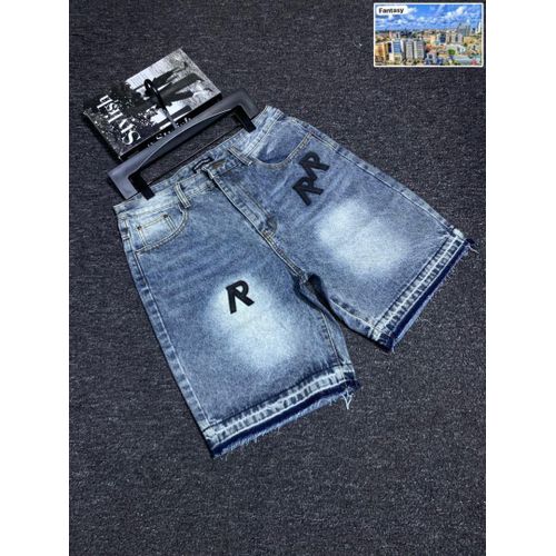 Fashion Light Blue wash denim shorts feature a black "RR"
