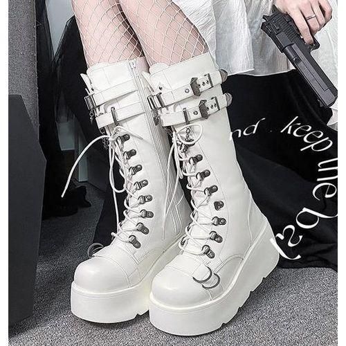 Generic Knee High Boots For Women Punk Gothic Style Round Toe Wedge Heel Long Boots Cool Girl Buckle Motorcycles Bootswhite 1 Jumia Nigeria