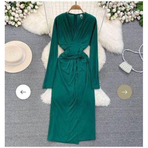 Fashion Women Emerald Green Ruched Wrap Midi Dress .V-Neck