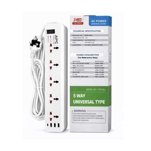 Generic     Multi-Outlet 5-Way Extension Socket with USB-C, 3 USB Charging Ports & Safety Switch - image 2