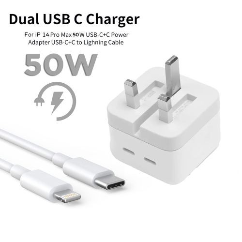 50W Dual Type C Lighting Super Fast Original Charger For Iphone 14 Pro Max/14 Plus/14/13 Pro Max/13 Pro/13/13 Mini/12 Pro Max/12 Pro/12/12 Mini/11 Pro Max/11 Pro/11 And Ipads