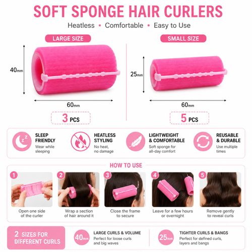 Generic 8PCS Soft Sponge Heatless Hair Curlers Set - Pink (3PCS Large + 5PCS Small) - image 3