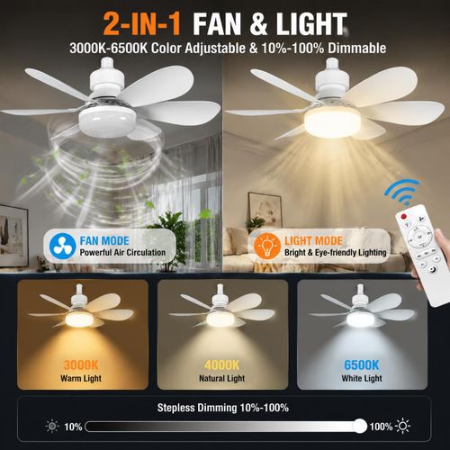 Generic 2-in-1 E27 Ceiling Fan Light Bulb with Remote, 3-Color Dimmable - image 2