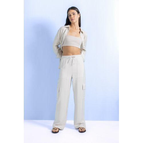 Defacto Woman Casual Wide Leg Woven Trousers - Ecru