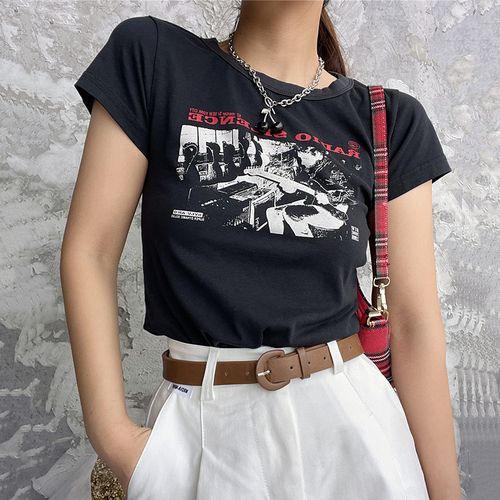 Fashion Khaki Vintage Classic Rock Graphic T Shirt Women Summer