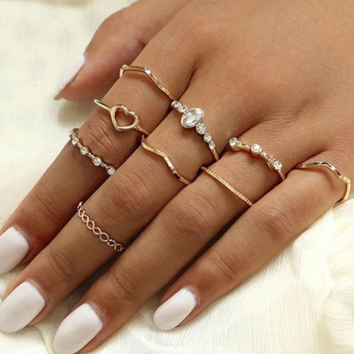 Fashion 9 In 1 Knuckle Ring Set Love Rhinestone Rings For Women Gold