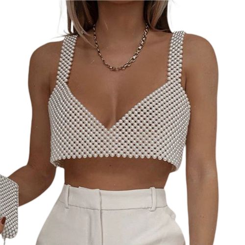 Fashion (b)hirigin Women White Beaded Pearls Bralette Bra Tank Bustier Vest  Crop Top Artificial Pearl Bra Top Chainmail Jewel Vest Tops WEF