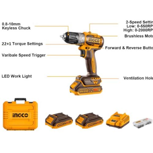 product_image_name-Ingco-20V Brushless Cordless Drill + 2.0Ah Batteries, Charger & 47Pc Accessories-4