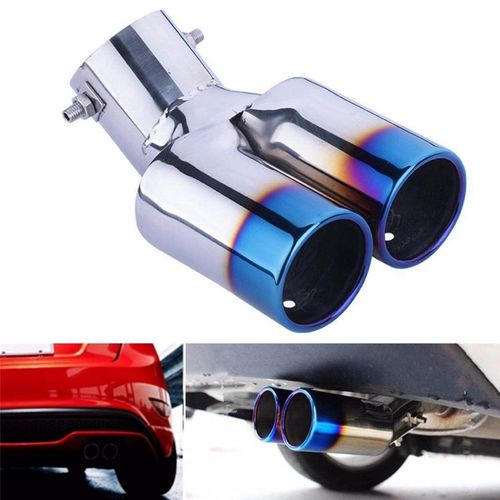 Generic Grilled Blue Curved Tail Muffler Exhaust Pipe Double Twin Tip For  KIA Ford Honda