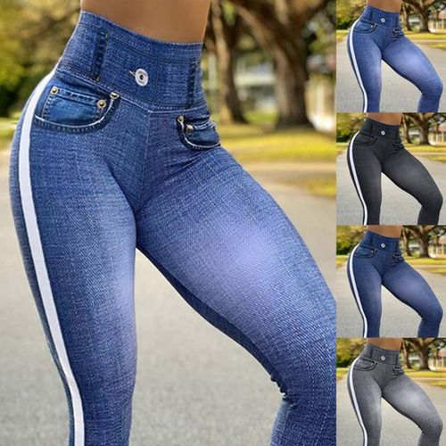 Women's Denim Print Fake Jeans Look Like Leggings Sexy Stretchy High Waist  Slim Skinny Jeggings Tights for Women 