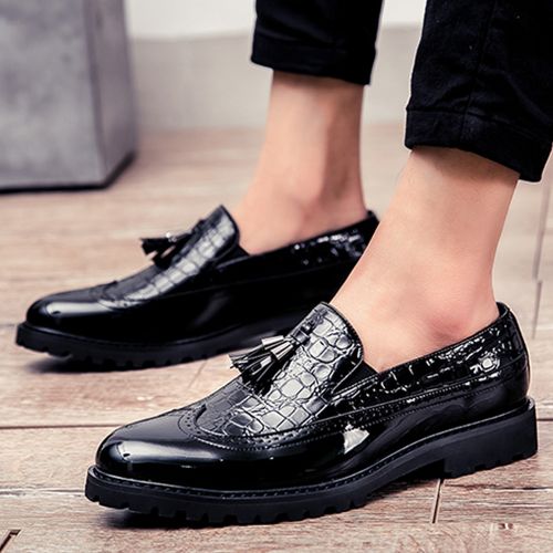 Fashion Male Formal Shoes Glossy Tassel Brogue Leather Shoes - Black ...