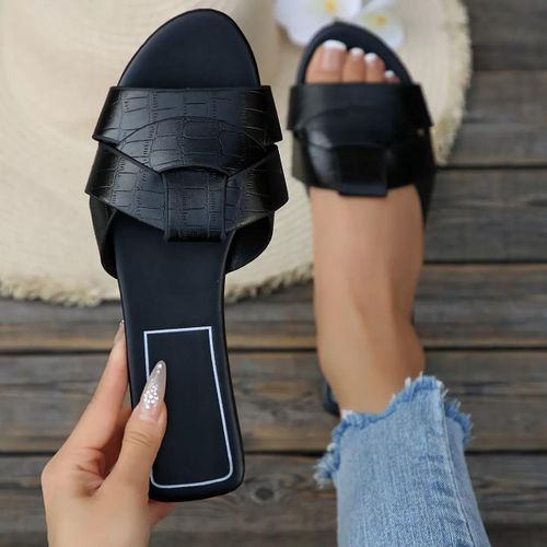Fashion Ladies simple leather flat palm slippers-black - image 2