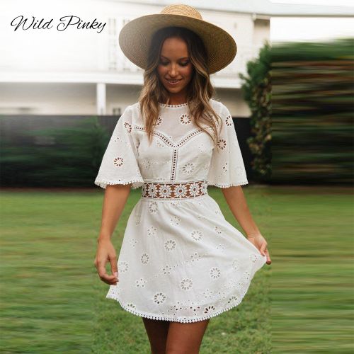Fashion (white)Flare Sleeve Cotton White Lace Dress Women Casual