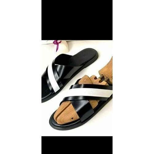 Fashion Men Stylish Leather Cross Slippers - Black & White