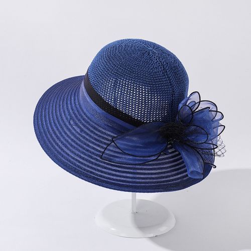 Fashion （Navy）New Flower Summer Sun Hats For Women Beach Organza Tea Party  Hat Elegant Ladies Church Suncreen Wide Brim Beach Hat Fedoras DON