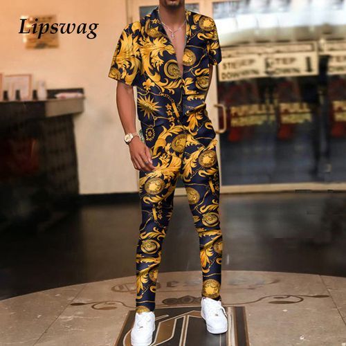 Generic Vintage Printed Mens Summer Two Piece Sets Fashion Casual Short  Sleeve Shirts And Long Pants Outfits Men Hipster Streetwear(#01 Vintage)