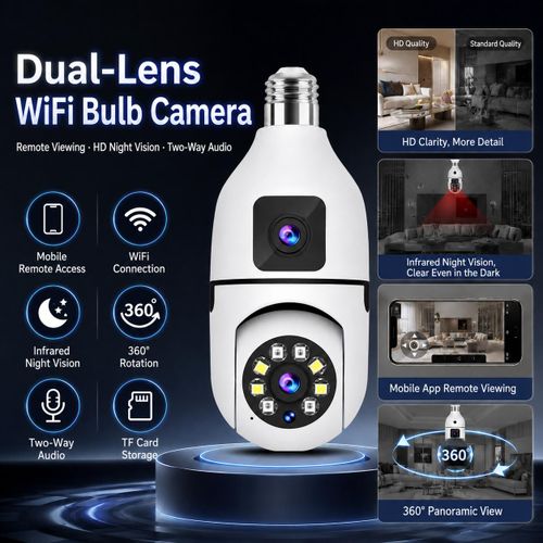 Generic Dual-Lens Bulb Smart Security Camera 360° Panoramic View with Infrared Night Vision & WiFi Connectivity