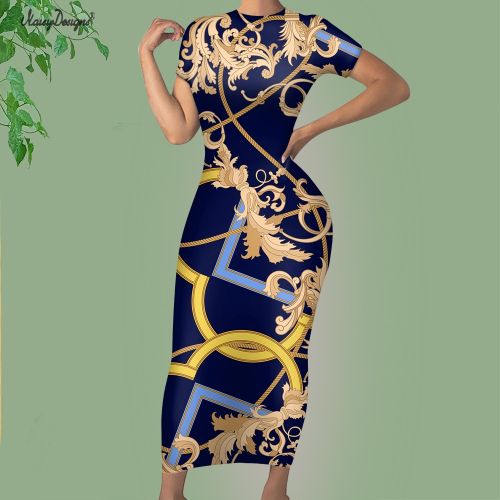 Fashion Noisydesigns Luxury Golden Europe Floral Women Party Dress Fashion  Elegant Ladies Round Neck Sexy Bodycon Plus Size 4XL Dropship