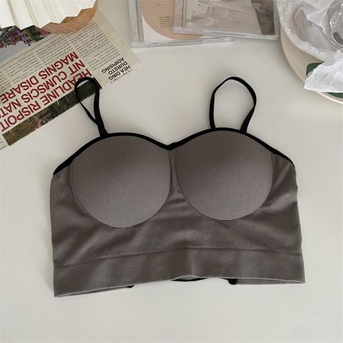 Fashion (6153-Light Gray)2022 New Ladies Camisole Slim Fit Stretch Push Up  Bra With Chest Pads Cropped Navel Short Tube Top V-Neck Tops Hot Sale WEF