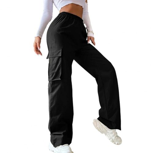 Fashion (Black)Women Cargo Pants Side Flap Pocket Trousers Solid Color  Elastic Waist Wide Leg Female Pants