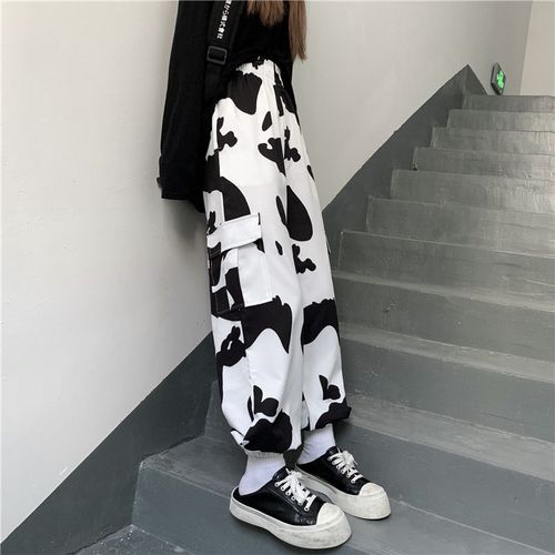 Fashion （Bunch Leg）HOUZHOU Cow Print Wide Leg Cargo Pants Women ...