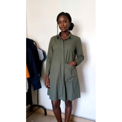Fashion Women's Olive Green Cotton Shirt Dress Long Sleeve
