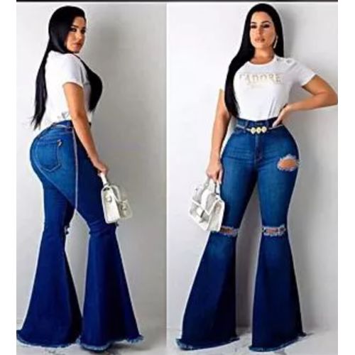 Fashion Ladies High Waist Ripped Pallazo Jean- Sky Blue