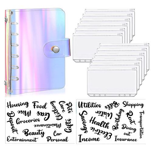 Generic A7 Mini 6-Ring PVC Binder Cover With 12 Pcs Binder Pockets And 2  Sheets Cash Envelope Sticker For Planner Saving Money Budgeting Laser Style