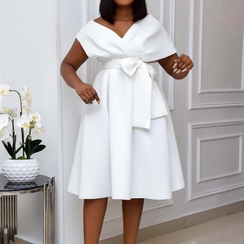 Fashion New Style Plus Size Women's Short-sleeved V-neck Off-the-shoulder  Large-length Evening Dress Dress
