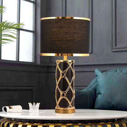 Generic Art Deco Modern Black and Gold Ceramic Table Lamp with Geometric Lattice Overlay