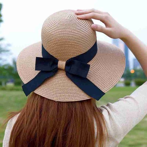 Fashion Women's Beach Summer Visor Straw Hat Panama Flat Brim Sun Shade  Hats Foldable Wide Cap Big Black Bow Chapeau Femme Casquette