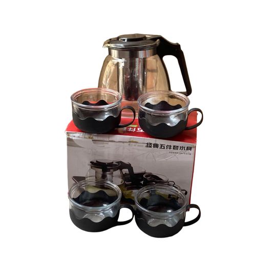 Generic 5-Piece Glass Tea Set (1 Teapot Kettle 900ml+ 4 Matching Serving Cups 150ml each)