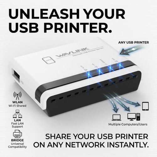 WAVLINK Wireless Printer Server Wireless/Wired Internet RJ45 Wifi printing LAN Standalone Mode