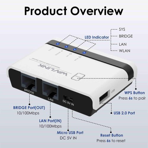 WAVLINK Wireless Printer Server Wireless/Wired Internet RJ45 Wifi printing LAN Standalone Mode - image 6