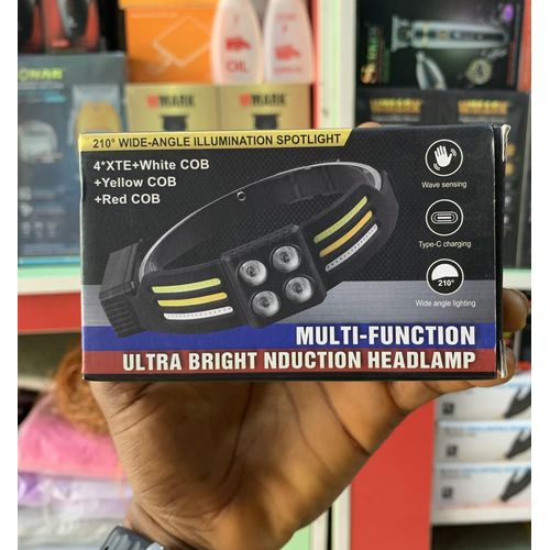 Generic Multi-Function Ultra Bright Rechargeable Induction Headlamp – 210° Wide-Angle LED Headlight With Wave Sensor, Type-C Charging, White/Yellow/Red COB & XTE Spotlight