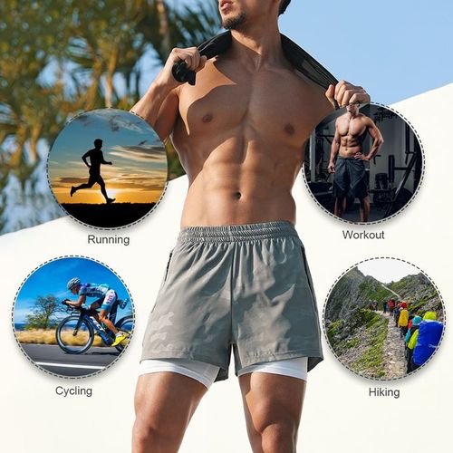 Generic Men's 2 In 1 Running Shorts With Pockets Compression Liner