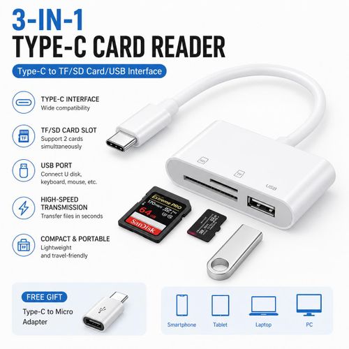 Generic Type-C Converter for Phone/Tablet: TF/SD Card Reader + USB Hub + Free Type-C to Android Adapter